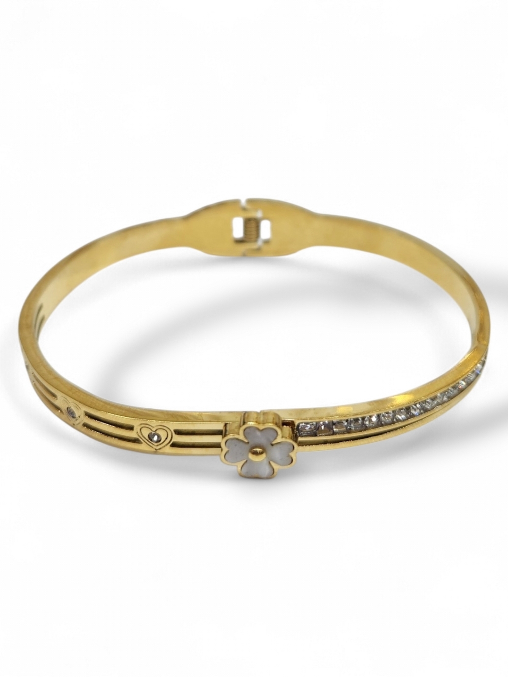 Gold Tone Floral Bangle Bracelet with White Enamel Flower